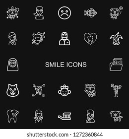 Editable 22 smile icons for web and mobile. Set of smile included icons line Dog, Girl, Unhappy, Clown fish, Kitty, Dentist, Tooth, Clown, Sloth, Baby, Acting on black background