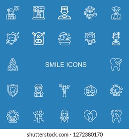 Editable 22 smile icons for web and mobile. Set of smile included icons line Girl, Expresso, Monster, Dog, Clown, Kitty, Dentist, Grandmother, Tooth, Acting on blue background