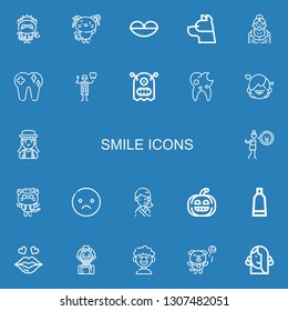 Editable 22 smile icons for web and mobile. Set of smile included icons line Kitty, Lips, Dog, Grandmother, Tooth, Dentist, Monster, Girl, Disgusted, Sad, Pumpkin on blue background