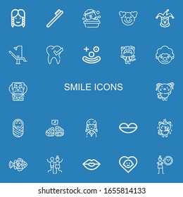 Editable 22 smile icons for web and mobile. Set of smile included icons line Girl, Toothbrush, Dog, Clown, Dentist chair, Tooth, Kitty, Baby, Neural, Lips, Clown fish on blue background