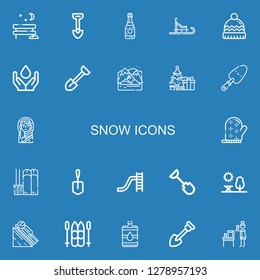 Editable 22 snow icons for web and mobile. Set of snow included icons line Park, Shovel, Water, Luge, Winter hat, Arctic, Christmas tree, Eskimo, Mitten, Ski on blue background