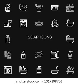 Editable 22 soap icons for web and mobile. Set of soap included icons line Gel, Bathtub, Perfume, Laundry basket, Jacuzzi, Cosmetics, Washing machine, Bath on black background