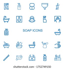 Editable 22 soap icons for web and mobile. Set of soap included icons line Washing machine, Soap, Makeup, Dustpan, Maid, Bathtub, Cleaning spray, Cleaning on white background