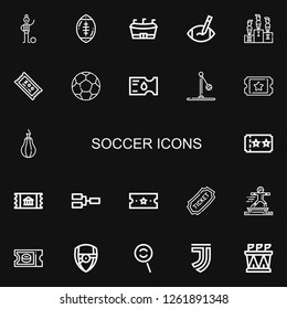 Editable 22 soccer icons for web and mobile. Set of soccer included icons line Football player, Rugby ball, Football, Competition, Ticket, Ball, Punching ball on black background