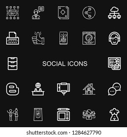 Editable 22 social icons for web and mobile. Set of social included icons line Sitemap, Chat, Card, Share, Network, Copywriter, Thumbs up, Post, Avatar, Inbox on black background