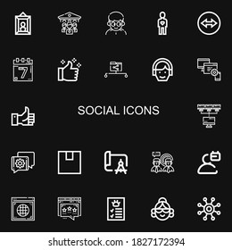 Editable 22 social icons for web and mobile. Set of social included icons line Portrait, Organization, Man, Friend, Team viewer, Events, Thumbs up, Data share on black background