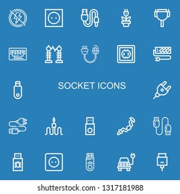 Editable 22 Socket Icons For Web And Mobile. Set Of Socket Included Icons Line Electricity, Socket, Usb, Plug, Cable, Vga, Pendrive, Usb Cable, Ratchet, Electric On Blue Background