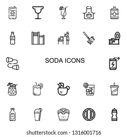 Editable 22 soda icons for web and mobile. Set of soda included icons line Drink, Cocktail, Apron, Water, Plastic bottle, Bar, Soda can, Tin, Energy drink on white background
