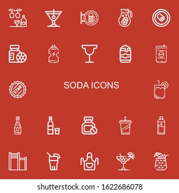 Editable 22 soda icons for web and mobile. Set of soda included icons line Bar, Cocktail, Water, Can, Bottles, Drink, Beer can, Bottle cap, Vodka, Bottle, Beverage on red background