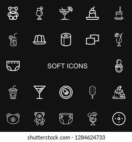 Editable 22 soft icons for web and mobile. Set of soft included icons line Teddy bear, Cocktail, Pudding, Frozen yogurt, Jelly, Toilet paper, Pillows, Diaper on black background