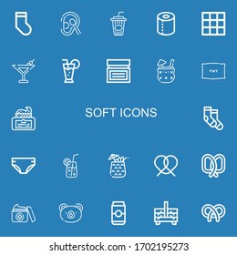 Editable 22 soft icons for web and mobile. Set of soft included icons line Socks, Cotton, Cola, Toilet paper, Blanket, Martini, Cocktail, Cream, Pillow, Diaper on blue background