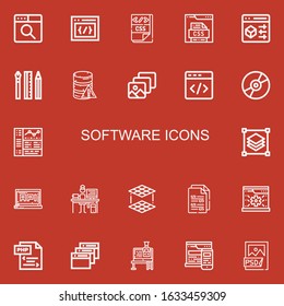 Editable 22 software icons for web and mobile. Set of software included icons line Browser, Css, Web design, Database, Html, Compact disc, Layers, Api, Programmer on red background