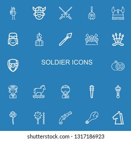 Editable 22 soldier icons for web and mobile. Set of soldier included icons line Soldier, Viking, Spears, Roman helmet, Pilot, Knight, Spear, Shogun, Weapons on blue background