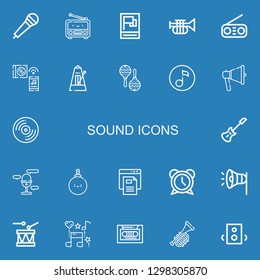 Editable 22 sound icons for web and mobile. Set of sound included icons line Microphone, Radio, Propaganda, Trumpet, Music, Metronome, Maraca, Quaver, Megaphone on blue background