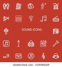 Editable 22 sound icons for web and mobile. Set of sound included icons line Equality, Harp, Note, Pop singer, Drum, Blaster, Equalizer, Karaoke, Music, Radio on red background