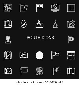 Editable 22 south icons for web and mobile. Set of south included icons line Map, Flag, Border, Compass, Wrestler on black background