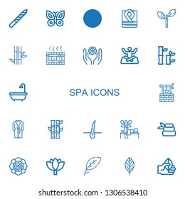 Editable 22 spa icons for web and mobile. Set of spa included icons line Nail file, Butterfly, Leaf, Robe, Bamboo, Spiritual, Yoga, Bath, Well, Bathrobe on white background