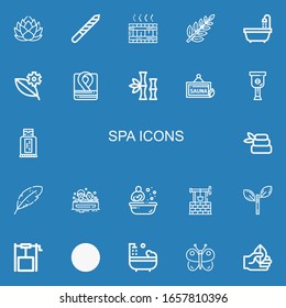 Editable 22 spa icons for web and mobile. Set of spa included icons line Lotus, Nail file, Jacuzzi, Leaf, Bathtub, Robe, Bamboo, Sauna, Leg, Sunblock, Zen, Bath on blue background