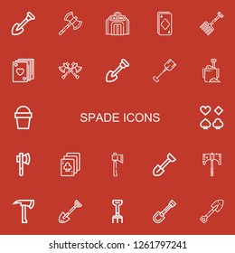Editable 22 spade icons for web and mobile. Set of spade included icons line Shovel, Axes, Casino, Ace, Rake, Poker, Sand bucket, Axe, Playing cards, Spade on red background