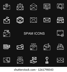 Editable 22 spam icons for web and mobile. Set of spam included icons line Email, Mail, Malware, Envelope on black background