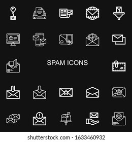 Editable 22 spam icons for web and mobile. Set of spam included icons line Mail, Email, Envelope, Malware, Mails on black background