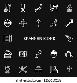 Editable 22 spanner icons for web and mobile. Set of spanner included icons line Tools, Screwdriver, Ratchet, Fretsaw, Mechanic, Worker, Cross wrench, Wrench on black background