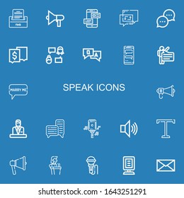 Editable 22 speak icons for web and mobile. Set of speak included icons line Faq, Speaker, Chat, Talk, Question, Speech, Speech bubble, Megaphone, Commentator on blue background