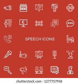 Editable 22 speech icons for web and mobile. Set of speech included icons line Megaphone, Classroom, Presentation, Messages, Conversion, Wall bracket, Chat, Comment on red background