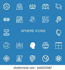Editable 22 sphere icons for web and mobile. Set of sphere included icons line Ball, Map, Football, Planet, Parallel world, Earth, Planet earth, Virtual reality on blue background