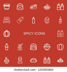 Editable 22 spicy icons for web and mobile. Set of spicy included icons line Jar, Tacos, Burrito, Pad thai, Sauces, Shaker, Mustard, Sauce, Rice, Mayonnaise on red background