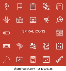 Editable 22 spiral icons for web and mobile. Set of spiral included icons line Notebook, Calendar, Dna, Spring, Lollipop, Roll, Rug, Notepad, Suspension on red background