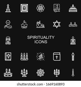 Editable 22 spirituality icons for web and mobile. Set of spirituality included icons line Candle, Bible, Spiritual, Monk, Judaism, Candles, Gothic, Om, Dharma wheel on black background