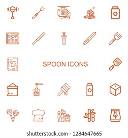 Editable 22 spoon icons for web and mobile. Set of spoon included icons line Rattle, Fork, Ladle, Picnic, Honey, Menu, Knife, Spatula, Recipe book, Sugar, Baby powder on white background