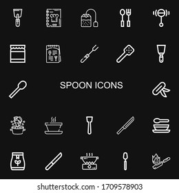 Editable 22 spoon icons for web and mobile. Set of spoon included icons line Spatula, Recipe book, Tea bag, Cutlery, Rattle, Honey, Menu, Fork, Slotted spoon on black background