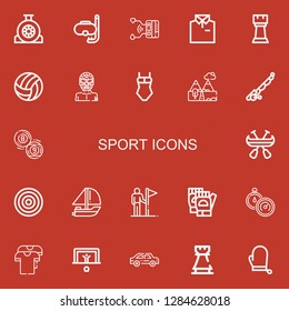 Editable 22 sport icons for web and mobile. Set of sport included icons line Wheel, Diving, Smartwatch, Shirt, Rook, Volleyball, Wrestler, Swimsuit, Mountains on red background