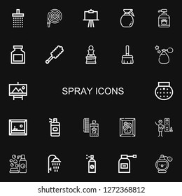 Editable 22 spray icons for web and mobile. Set of spray included icons line Shower, Hose, Canvas, Spray, Shampoo, Drug, Duster, Art, Broom, Perfume, Painting on black background