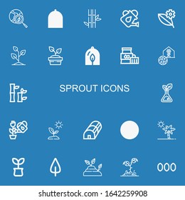 Editable 22 sprout icons for web and mobile. Set of sprout included icons line Green earth, Plant, Bamboo, Watering can, Leaf, Sprout, Greenhouse, Leaves, Botanical on blue background