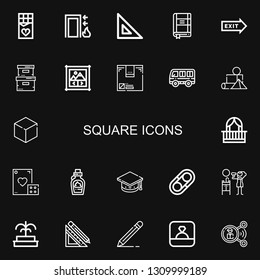 Editable 22 square icons for web and mobile. Set of square included icons line Chocolate, Exit, Set square, Contact list, Storage box, Image gallery, Box, Bus on black background