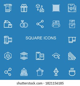 Editable 22 square icons for web and mobile. Set of square included icons line Towel, Gift box, d cube, Grid, Parcel, Box, Rings, Share, Polaroid, Storage box on blue background