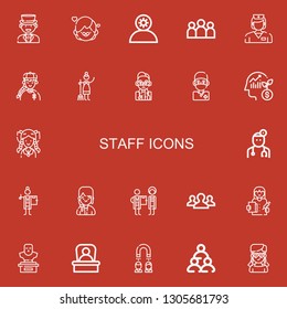 Editable 22 staff icons for web and mobile. Set of staff included icons line Man, Girl, Employee, Group, Nurse, Maid, Doctor, Surgeon, Teamwork, Bust, Boss, Headhunting on red background