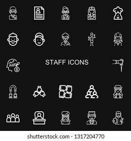 Editable 22 staff icons for web and mobile. Set of staff included icons line Surgeon, CV, Doctor, Bust, Man, Girl, Staff, Employee, Sai, Headhunting, Teamwork on black background