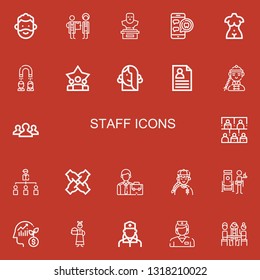 Editable 22 staff icons for web and mobile. Set of staff included icons line Man, Doctor, Bust, Medical appointment, Headhunting, Teamwork, Girl, CV, Audience on red background