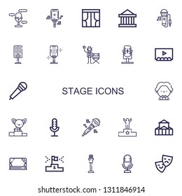 Editable 22 stage icons for web and mobile. Set of stage included icons line Microphone, Curtains, Theater, Singing, Actor, Musician, Podium, Stage on white background