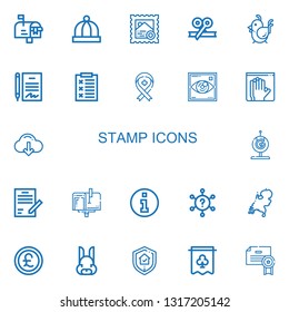 Editable 22 stamp icons for web and mobile. Set of stamp included icons line Mailbox, Baby hat, Stamp, Ribbon, Chicken, Contract, Report, Visibility, Latex on white background