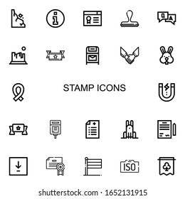 Iconos editables de 22 sellos para web y móvil. Conjunto de sellos incluidos iconos línea Rocks, Information, Certificate, Stamp, Question, Rock, Ribbon, Postbox, Agreement on white backks
