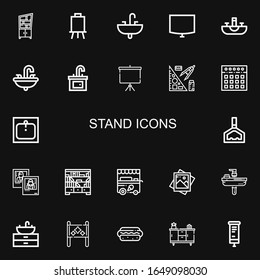 Editable 22 stand icons for web and mobile. Set of stand included icons line Shelf, Canvas, Sink, Night stand, Projector screen, Stationery, Mixer, Holder on black background