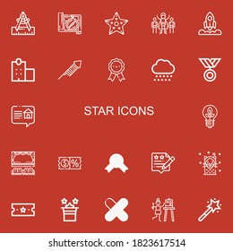 Editable 22 Star Icons For Web And Mobile. Set Of Star Included Icons Line Compass, Starfish, Superhero, Rocket, Police Station, Fireworks, Medals, Snow, Medal On Red Background