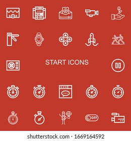 Editable 22 start icons for web and mobile. Set of start included icons line Video, Web site, Startup, Access, Watch, Buttons, Marathon, Power, Pause, Stopclock on red background