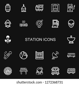 Editable 22 station icons for web and mobile. Set of station included icons line Gas, Tower, Train, Metro, Gas station, Firefighter, Bus, Bell, Gasoline station on black background
