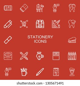 Editable 22 stationery icons for web and mobile. Set of stationery included icons line Eraser, Artist, Pen, Tooth, Crayons, Stationery, Rubber, Staple, Colored pencils on red background
